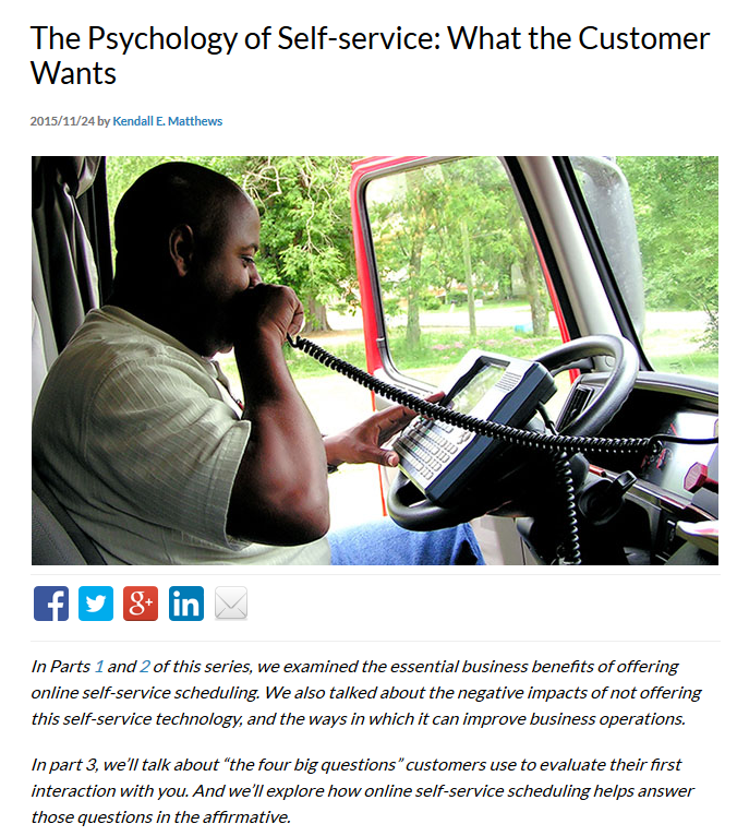 Headline: The psychology of self-service: What the customer wants. Image of a driver in a semi-truck. One of the company's target markets was logistics.