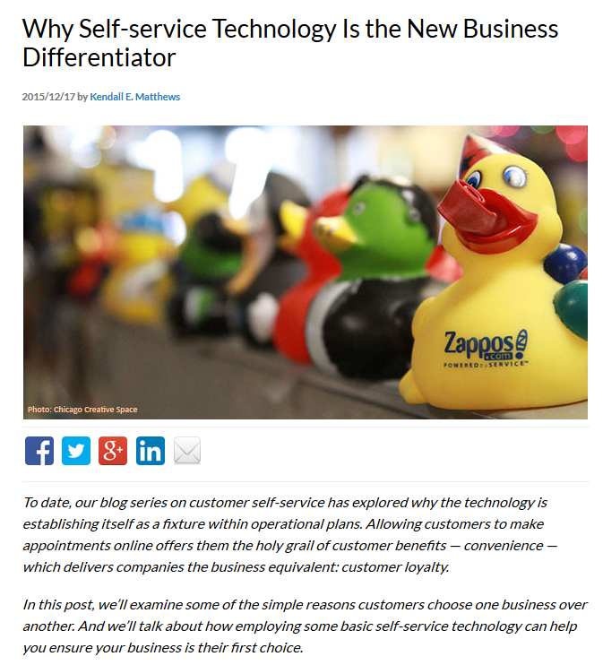 Headline: Why self-service technology is the new business differentiator. Image of multiple rubber duck toys, one featuring the Zappos logo.