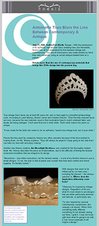 Thumbnail image of the Noesis email to customers, showing a hand-beaded replica of a vintage 1930's bridal headpiece and a pearl and moonstone necklace with silk ribbon tie.
