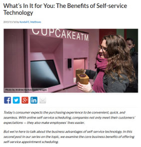 Headline: What's in it for you: The benefits of self-service technology. Image of a woman standing at a 